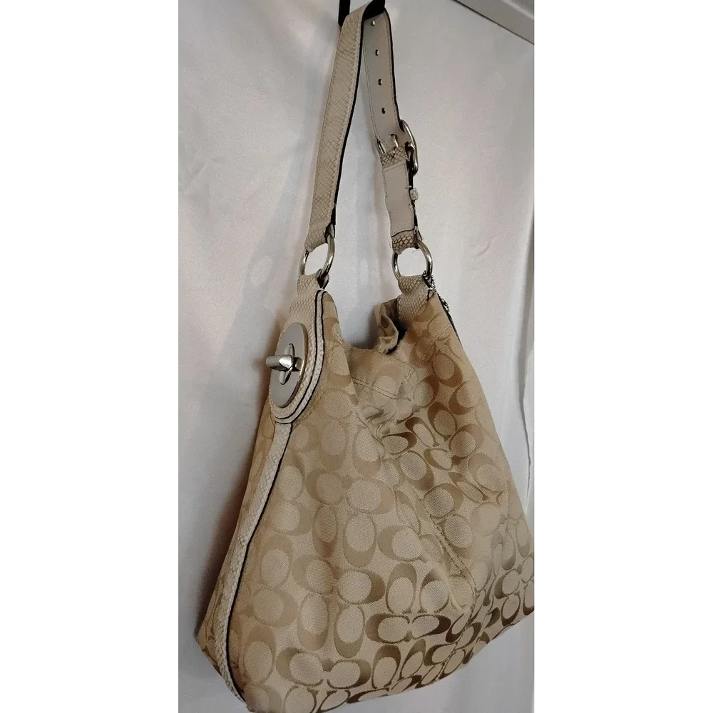 Coach F16538 Signature Jacquard Hobo Shoulder Bag White Leather Trim